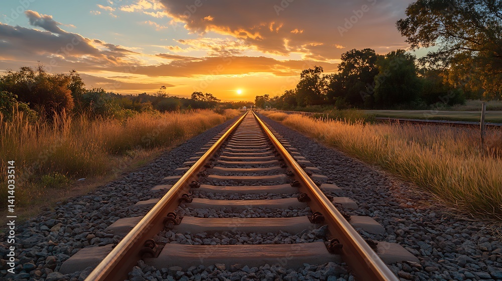 Fototapeta premium Railroad Tracks Leading to Sunset Horizon Through Golden Fields