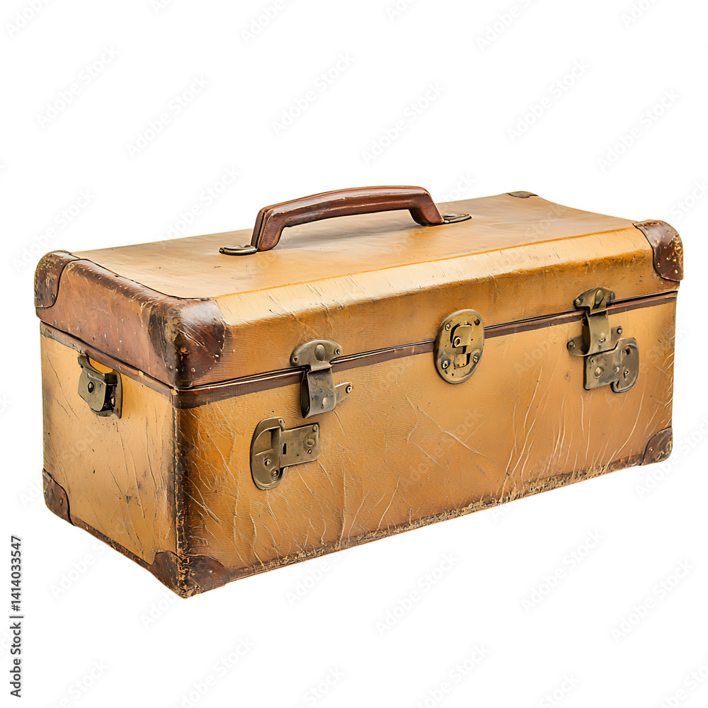Vintage leather suitcase with worn corners brass latches and a sturdy handle showing aged texture and scuffs across its surface on a transparent background