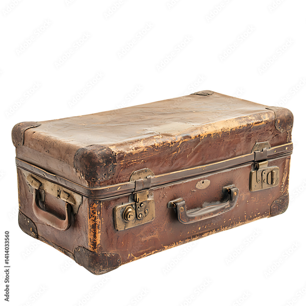 Vintage leather suitcase with worn corners brass latches and a sturdy handle showing aged texture and scuffs across its surface on a transparent background