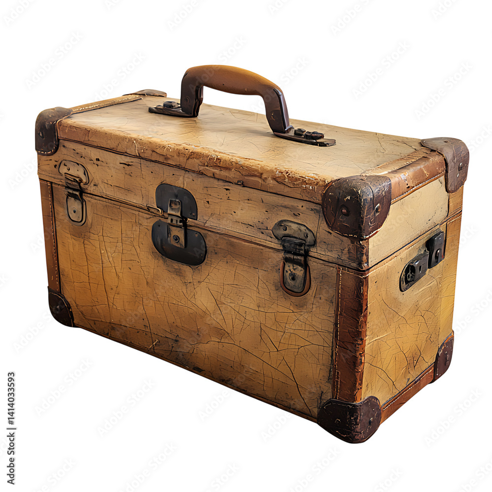 Vintage leather suitcase with worn corners brass latches and a sturdy handle showing aged texture and scuffs across its surface on a transparent background