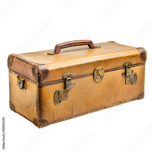 Obraz na płótnie Vintage leather suitcase with worn corners brass latches and a sturdy handle showing aged texture and scuffs across its surface on a transparent background w salonie