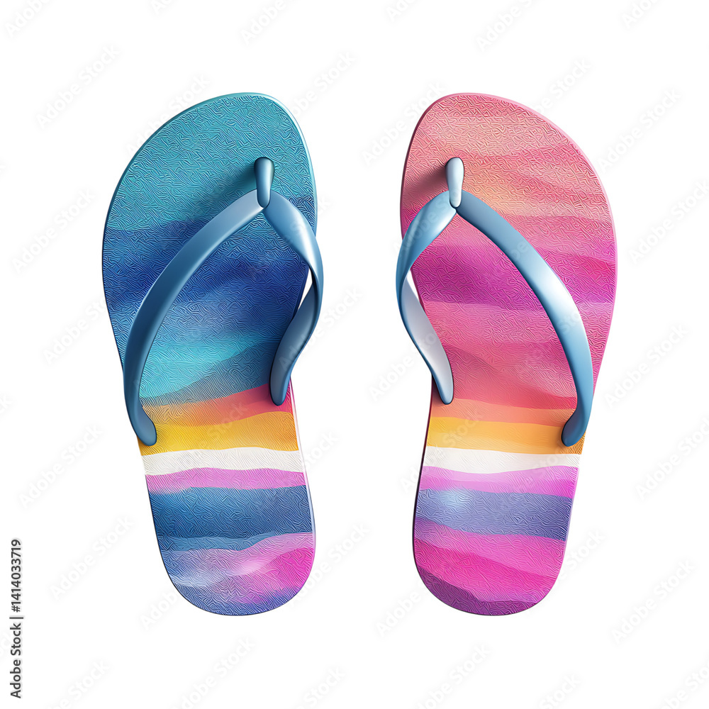 Pair of vibrant beach flip flops upright side by side on a transparent background