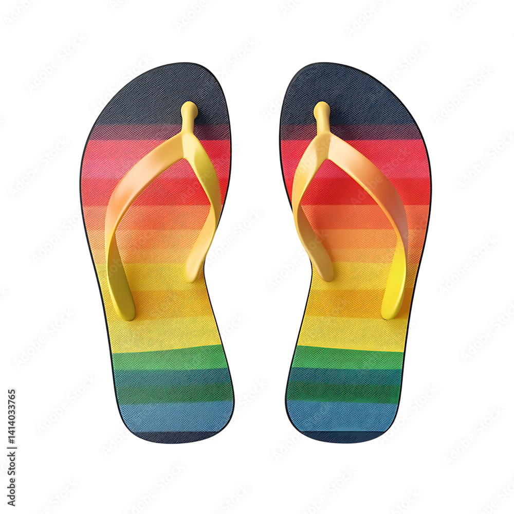 Pair of vibrant beach flip flops upright side by side on a transparent background