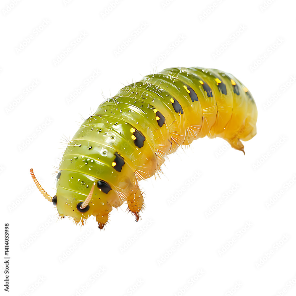 Green segmented glowworm with shiny skin short legs and antennae featuring realistic texture and body structure in full side view on a transparent background