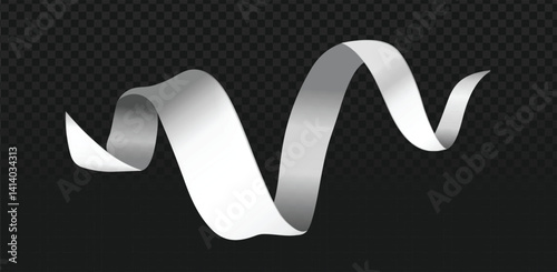 An elegant white ribbon gracefully unfurls and curves across a transparent dark checkered background. The smooth fabric catches subtle highlights and shadows, emphasizing its flowing and dynamic shape