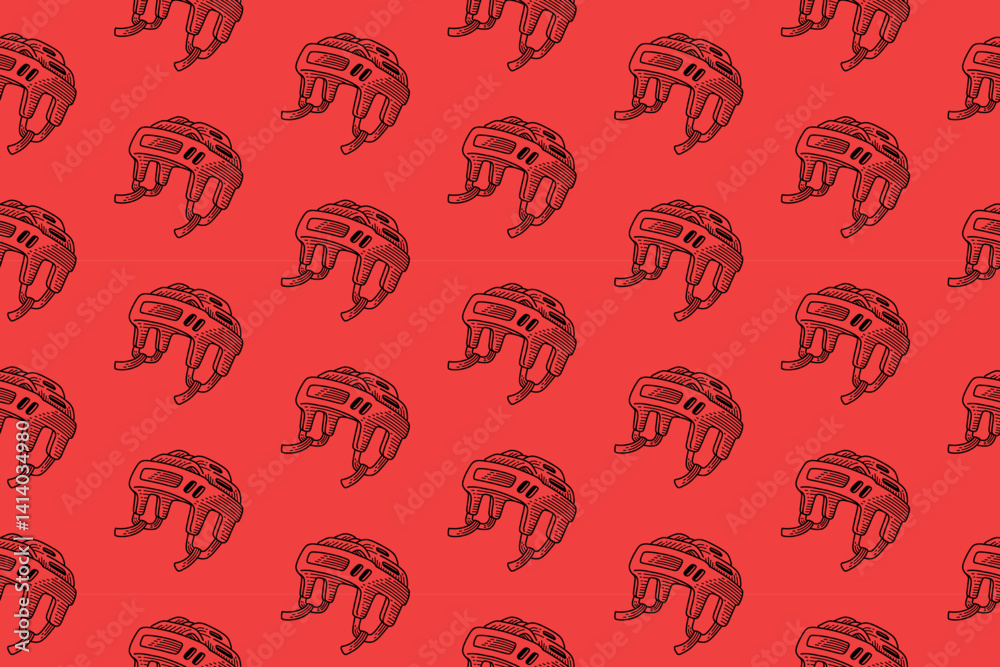 Fotografie hockey helmet doodle seamless pattern on red background