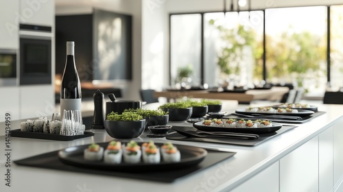 Wallpaper Mural A modern kitchen setting with sushi and wine, ideal for dining and social gatherings. Torontodigital.ca