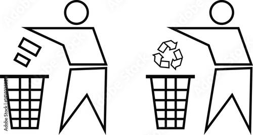 Waste disposal with Person throwing trash into Bin black outline icon set. Waste sorting container vectors. keep clean, dispose of carefully and thoughtfully symbol isolated on transparent background.