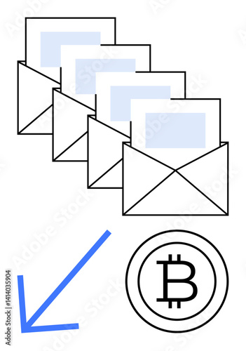 Four envelopes symbolize messages or transactions directed toward the Bitcoin cryptocurrency icon with a blue arrow. Ideal for communication, fintech, blockchain, cryptocurrency, payments, finance