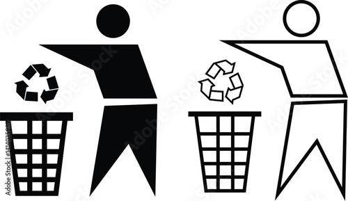 Waste disposal with Person throwing trash into Bin flat, outline icon set. Waste sorting container vectors. keep clean, dispose of carefully and thoughtfully symbol isolated on transparent background.