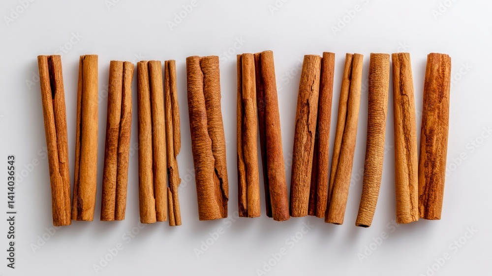 Cinnamon Sticks Arranged on White Background, Cooking Ingredient Cinnamon Sticks Arranged on White Background, Cooking Ingredient