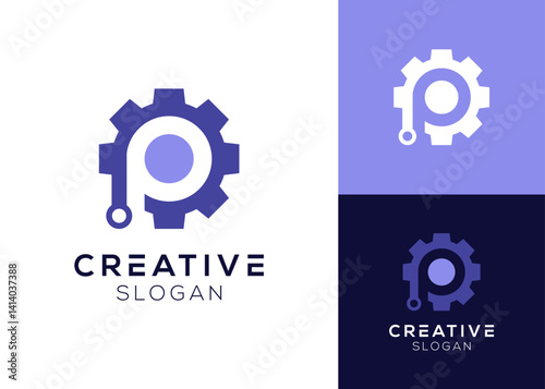 Letter P with gear technology logo design