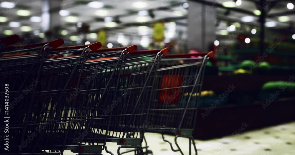 Rows of shopping carts await customers in a dimly lit grocery store, creating an inviting atmosphere for late night shoppers exploring aisles filled with goods.