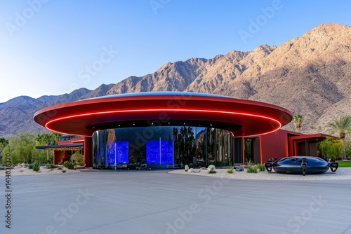A high-tech duplex with neon holograms and robotic security drones guarding its entrance