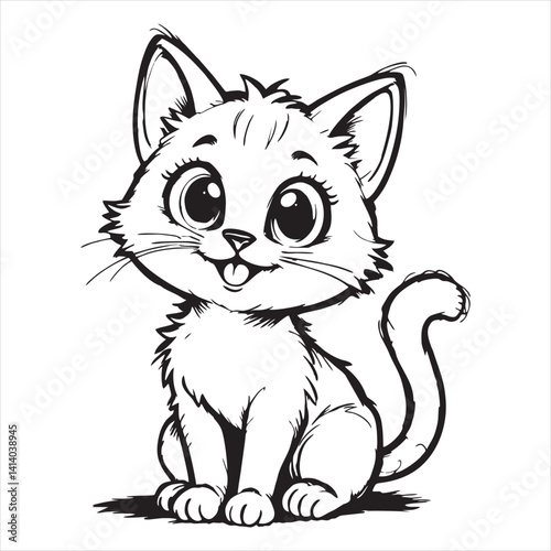 This adorable cartoon cat features big, expressive eyes, a fluffy tail, and a playful smile. Sitting happily, it exudes charm and friendliness, perfect for children's books or pet-themed designs. Its 