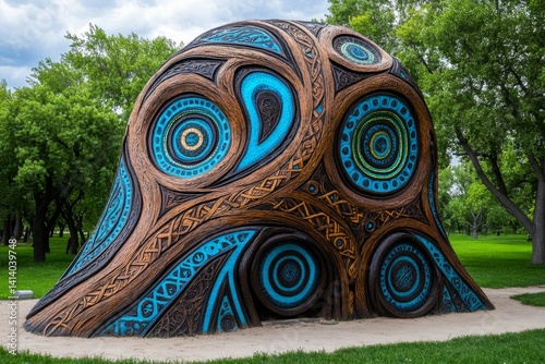 A massive enchanted tree sculpture with glowing runes, pulsating with mysterious energy