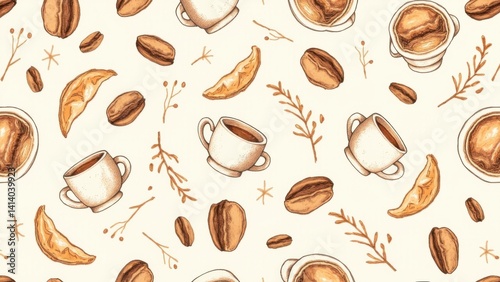 Coffee mugs and pastries in watercolor style