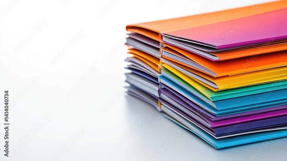 A stack of investment brochures with glossy covers featuring financial trends on an absolutely white background. A stack of investment brochures with glossy covers featuring financial trends on an absolutely white background.