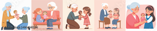 vector collection of grandmother giving doll to daughter