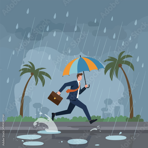 Man Running in Rain with Umbrella and Briefcase