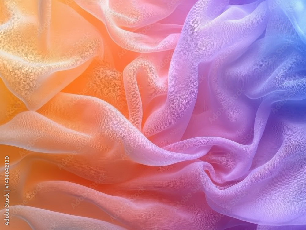 Obraz premium Soft, flowing fabric in gradient colors of orange, pink, and purple creates dreamy and ethereal atmosphere, perfect for artistic backgrounds or fashion design