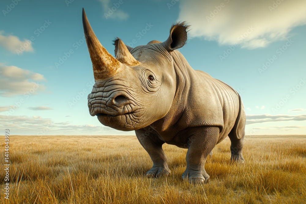 Fototapeta premium A rhino standing in a misty African savanna at dawn, surrounded by golden grasses