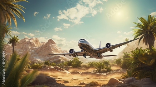 Jet Airplane Landing in a Lush Desert Oasis with Palm Trees and Mountains – Scenic Aviation Artwork