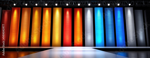 Vibrant stage backdrop featuring colorful vertical panels in shades of orange, red, yellow, blue, and silver, creating engaging atmosphere