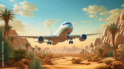 Airplane Landing in a Tropical Desert Oasis with Palm Trees – Scenic Aviation in a Vibrant Desert Valley
