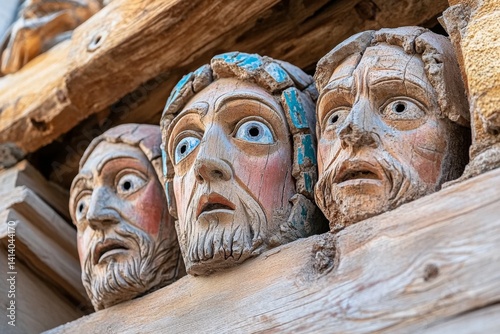 A ruined cathedral with cracked statues of saints, their faces eerily eroded over time