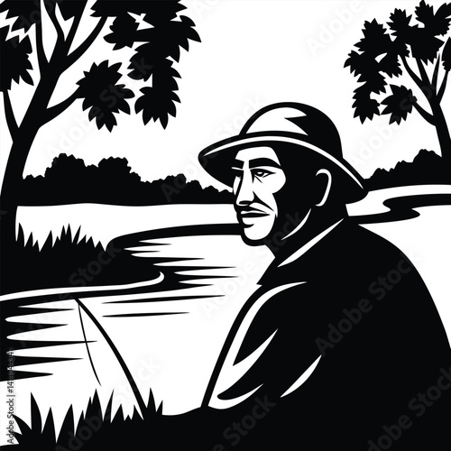 Silhouette of a Man Fishing by a River