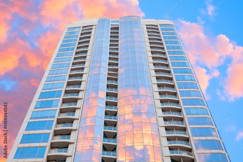 Fototapeta premium A skyscraper reflecting a dramatic sunset, creating a kaleidoscope of warm hues across its mirrored surface