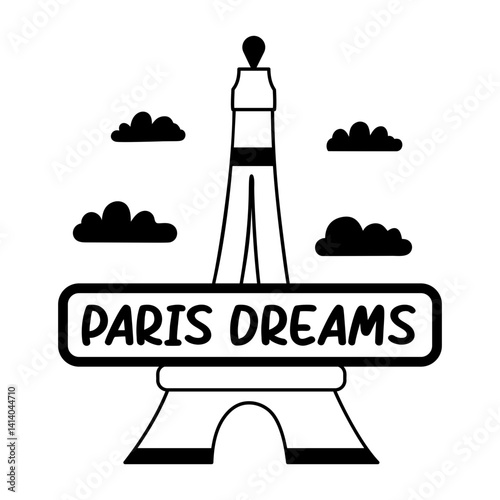 Eiffel Tower with paris dreams text, glyph sticker 
