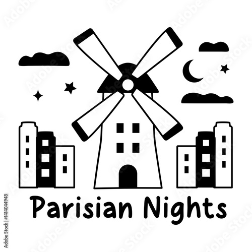 Parisian nights typography with a windmill, glyph sticker 
