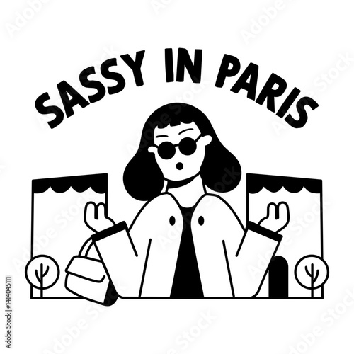 Cool traveller woman with sassy in paris text, glyph sticker 
