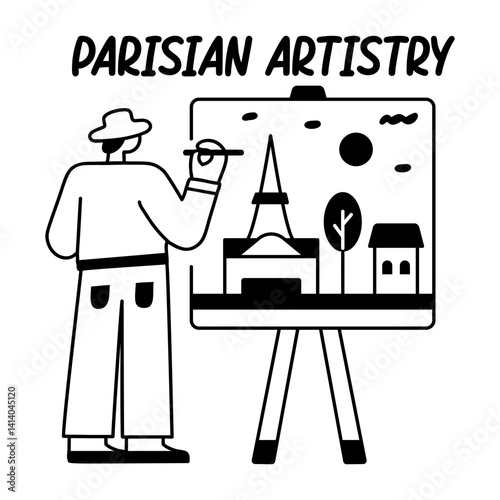Man painting eiffel tower view with parisian artistry text, glyph sticker 
