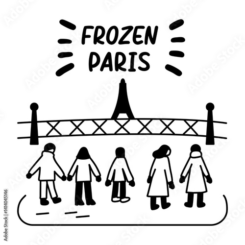 People visiting eiffel tower with frozen paris text, glyph sticker 
