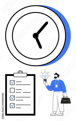 Large clock with simple design, detailed checklist with marked tasks, and professional holding briefcase and light bulb. Ideal for productivity, planning, efficiency, brainstorming, deadlines