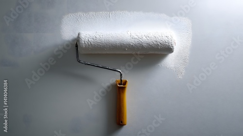 Paint roller applying fresh white paint to a wall, home renovation process.