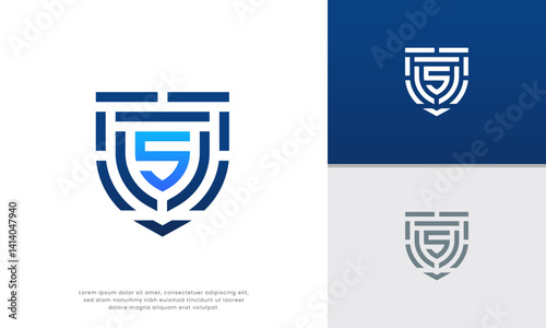 Shield Letter S or Number Five. Modern shield design prominently featuring a stylized number "5" or letter "S," conveying security, strength, and a unique numerical or alphabetical identity