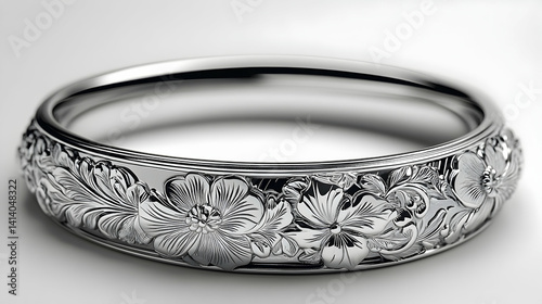 Detailed Close-up of a Silver Ring with Intricate Floral Carving photo