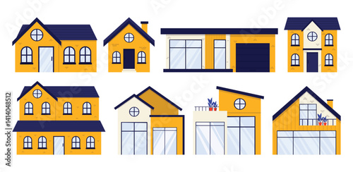 Collection set of Various House Styles Illustrations Set of diverse house concept in flat design including modern, traditional, minimalist, and cottage-style homes, perfect for real estate, housing
