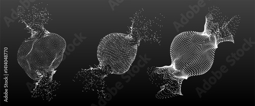 Dot sphere explosion with particle burst effect on black background. Scattered point of dispersing pixelated globes. Disintegrating circular grids, deconstructed wireframe balls. Futuristic 3d shapes.