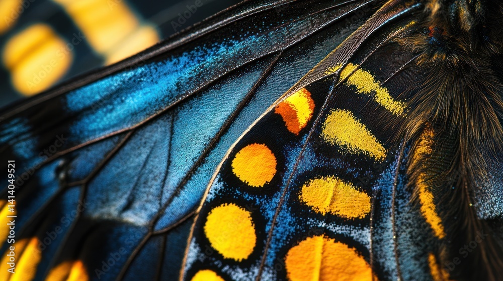 Close-up of a Butterfly Wing with Blue, Yellow, and Black Patterns Close-up of a Butterfly Wing with Blue, Yellow, and Black Patterns