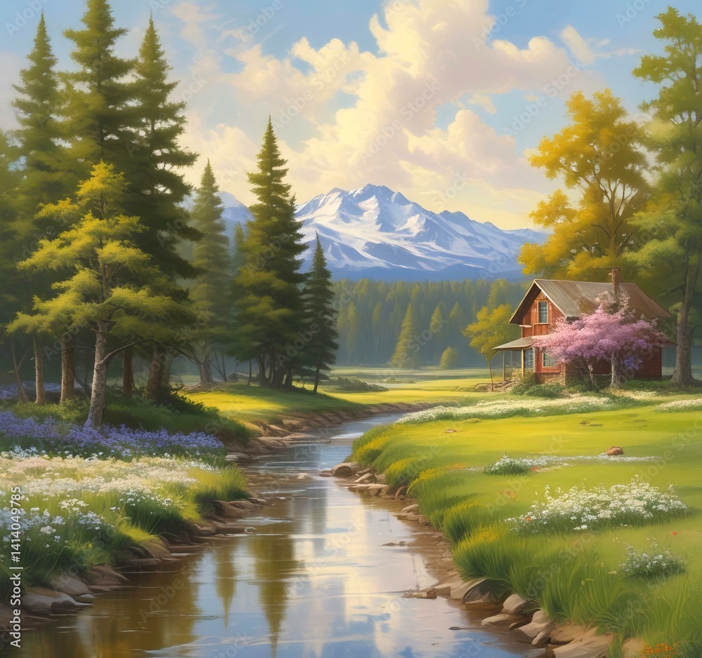 Obraz premium Illustration of scenic spring landscape with blossom tree.