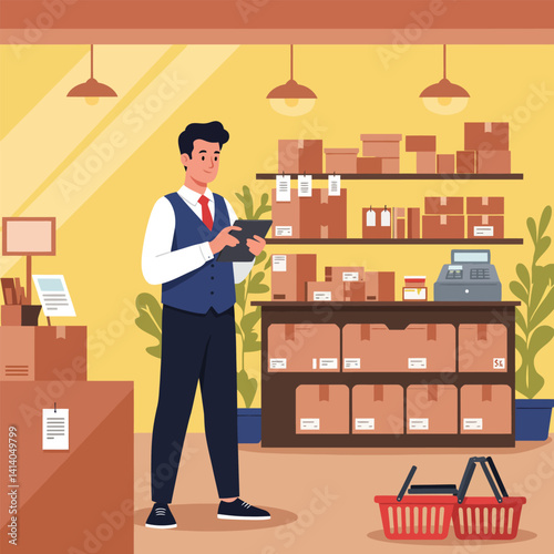 Checking Inventory Using Tablet in Store with Boxes