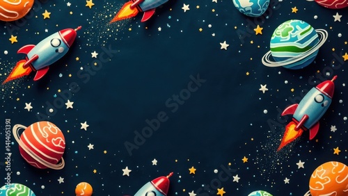 Cartoon space border with rockets and planets