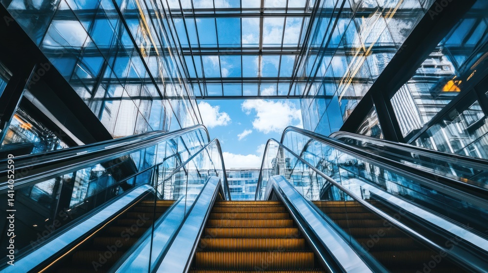 Glass-Enclosed Escalators Leading Upwards Towards a Blue Sky Glass-Enclosed Escalators Leading Upwards Towards a Blue Sky
