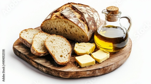 Freshly baked bread with butter and olive oil. Enjoy the warm, golden crust and soft interior. Perfect for meals and gatherings. Generative AI