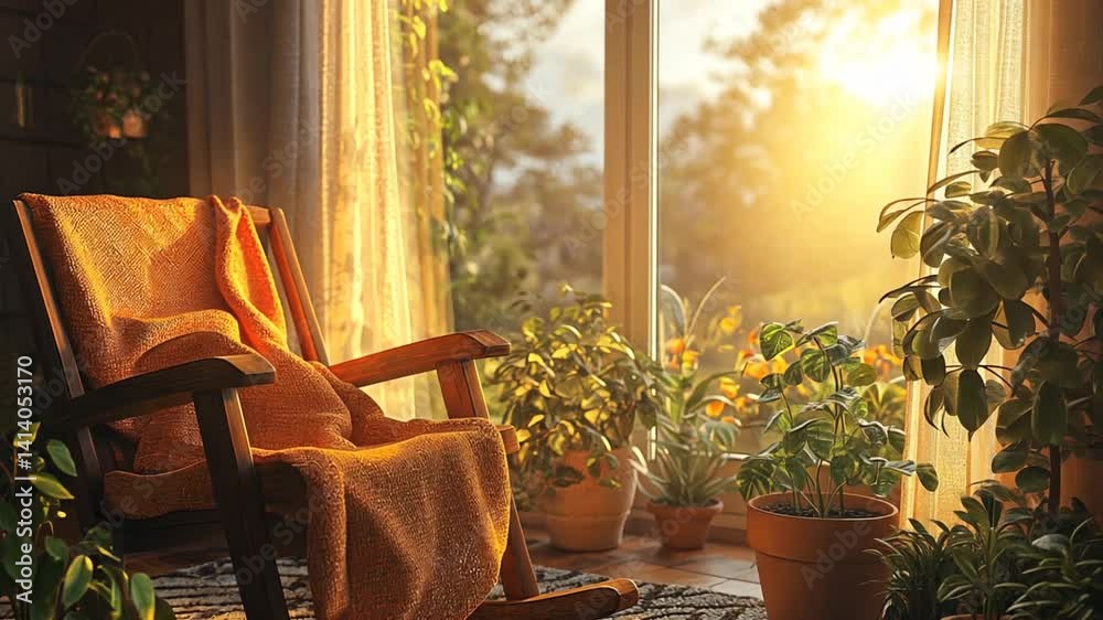 Sun-drenched indoor sanctuary a serene rocking chair beside sunlit window surrounded by lush plants and greenery